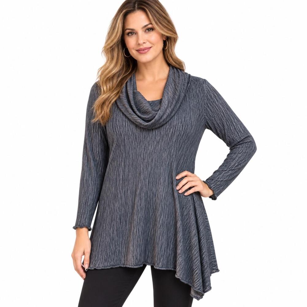 Soft Surroundings Tunic Blouse Womens Large Gray Cowl Neck Long Sleeve Top Knit